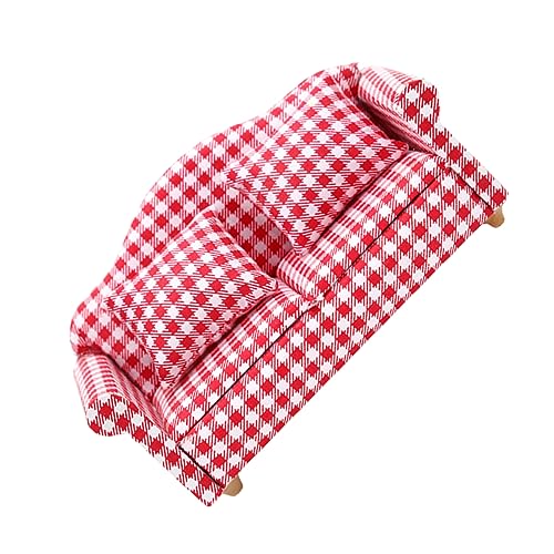 Toddmomy Puppenhaus Sofa Set Rotes und Weißes Kariertes Wohnzimmer Möbel Modell Kleines Dekoratives Miniatursofa für Puppenhaus und Wohnzimmerschmuck von Toddmomy