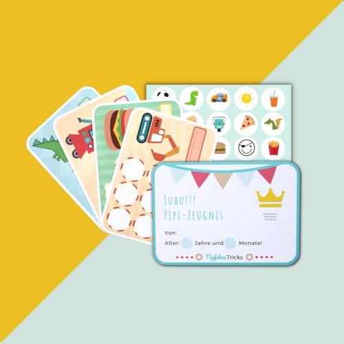 Belohnungssystem Jungen - Töpfchentraining Kind (10 Stickerkarten Doppelseitig, 120 Sticker und PIPI-Zeugnis) - Belohnungstafel für das Sauberkeitstraining - Belohnungstafel Trocken Werden von Töpfchen Tricks