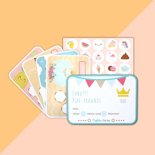 Belohnungssystem Mädchen - Töpfchentraining Kind - (10 Stickerkarten Doppelseitig, 120 Sticker und PIPI-Zeugnis) - Belohnungstafel für das Sauberkeitstraining - Belohnungstafel Trocken Werden von Töpfchen Tricks