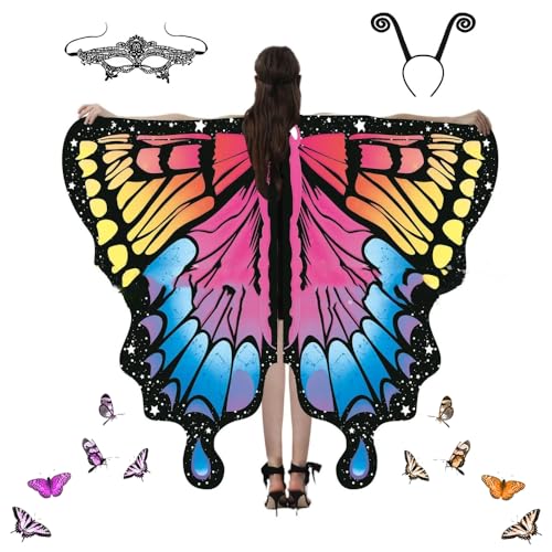 Schmetterling Kostüm Damen, Schmetterlingsfee Wings Scha mit Haarreif Spitzenmaske, 3-teiliges Set Bunter Schmetterling Umhang Schmetterlingskostüm Flügel Cosplay Fasching Skostüme für Karneval (G) von Toerjii