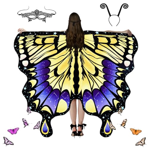 Schmetterling Kostüm Damen, Schmetterlingsfee Wings Scha mit Haarreif Spitzenmaske, 3-teiliges Set Bunter Schmetterling Umhang Schmetterlingskostüm Flügel Cosplay Fasching Skostüme für Karneval (A) von Toerjii