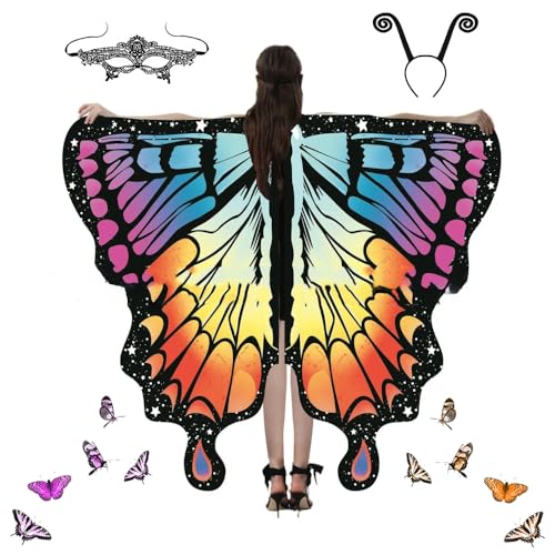 Schmetterling Kostüm Damen, Schmetterlingsfee Wings Scha mit Haarreif Spitzenmaske, 3-teiliges Set Bunter Schmetterling Umhang Schmetterlingskostüm Flügel Cosplay Fasching Skostüme für Karneval (K) von Toerjii