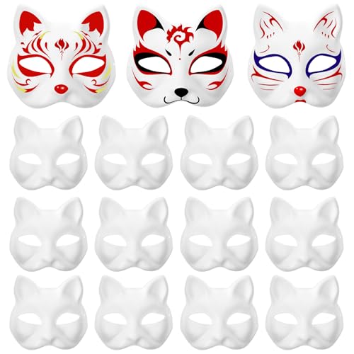 Tofficu 15 Stück Katzen Maske, DIY Therian Mask, Unbemalt Weiße Maske, Tiermasken zum Ausmalen für Kinder Erwachsene Karneval, Fasching, Party Cosplay von Tofficu