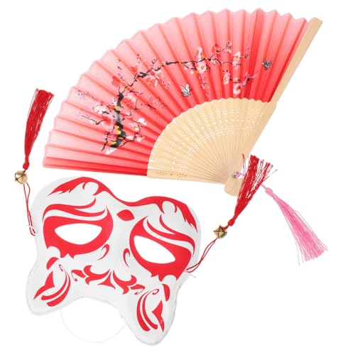 Tofficu Japanische Fuchsmaske und Faltbarer Fächer Authentisch Traditionell Leichtes Design für Maskenball Party Erwachsene Cosplay Kostüm Accessoire von Tofficu