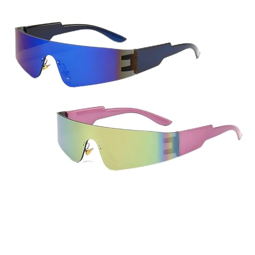 2 Paare Futuristische Brille Sonnenbrille,Schnelle Brille Rave,Randlos Schnelle Brille,Futuristische Verspiegelte Sonnenbrille,Herren Damen für Rollenspiele, Faschingspartys (Blau und Violett) von TogtherKings