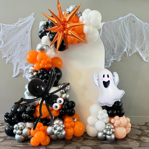 Halloween Luftballons Girlande Bogen Kit, 132pcs Orange Silber Schwarz Ballons, Spider Eye Ballon Ghost Orange Explosion Star Folienballon für Gruselige One Horror Geburtstag Trick or Treat Party von Togvu