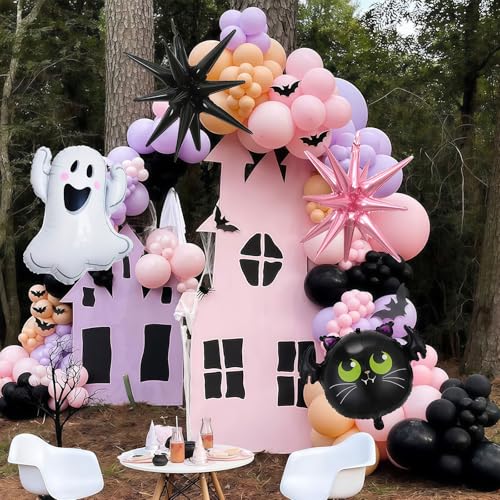 Halloween Luftballons Girlande Bogen Kit, 95pcs Rosa Schwarz Lila Luftballons Fledermaus Geist Mylar Ballon, Rosa Schwarz Explosion Stern Folienballon für Horror Geburtstag Babyparty Gruselige von Togvu