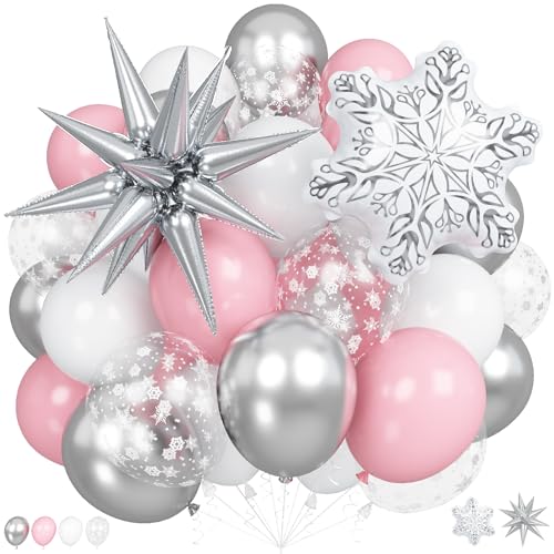 Rosa Winter Wonderland Luftballons, 18 Zoll Weiß Schneeflocke Ballon Metallic Silber Explosion Stern Folienballon für Weihnachten Prinzessin Eis Schnee Winter Urlaub Geburtstag Mädchen Babyparty Party von Togvu