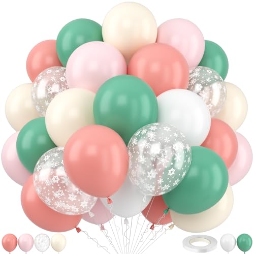 Rosa und grüne Schneeflocken-Luftballons, 30,5 cm, Winter-Wunderland-Luftballons, Salbei, Olivgrün, staubig, hellrosa, Sand, Weiß, Schneeflocken-Ballon für Eis, Winterthema, Geburtstag, Babyparty von Togvu