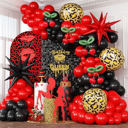 Rot-schwarze Luftballons, Girlandenbogen-Set, 133 Stück, grüne Kirsche, schwarz, rote Explosionsstern-Folienballons, 4D-Geparden-Druck, Mylar-Ballon für Beeren-Themen-Geburtstag, Babyparty von Togvu