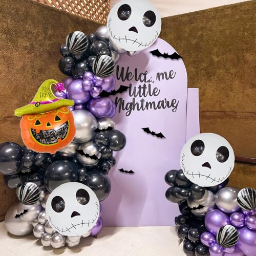 Totenkopf Halloween Luftballons Girlande Bogen Kit, Lila Schwarz Silber Luftballons, Marmor Achat Ballon Kürbis Schädel Gestreift Folienballon 3D Fledermaus Aufkleber für Halloween Geburtstag Tag der von Togvu
