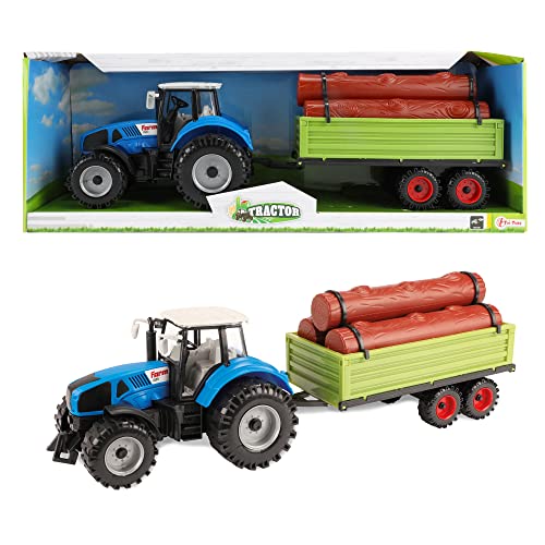 Toi-Toys Spielzeug Traktor mit Holzanhänger für Kinder - Kindertraktor mit Anhänger - Spielzeugauto Bauernhof - ca. 20 cm - Blau - ab 3 Jahren von Toi-Toys