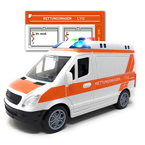Toi-Toys Krankenwagen Spielzeug mit Licht und Sound - Deutscher Rettungswagen mit Sirene und Blaulicht | RTW mit Friktionsantrieb und Aufkleber | Spielzeugauto für Kinder von Toi-Toys