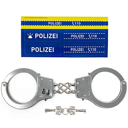 Polizei Handschellen Kinder aus Metall - Ausrüstung für das Polizei Kostüm Kinder | Mit Schlüssel & Sticker | Stabile Handcuffs auch für Erwachsene. Polizeikostüm Jungen Karneval von Toi-Toys