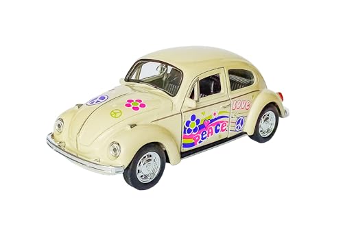 Volkswagen Beetle Käfer Flower Power Hippy VW Modellauto aus Metall mit Rückzugmotor Modell Auto Spielzeugauto 4-Varianten 73 (Creme/Love) von Toi-Toys