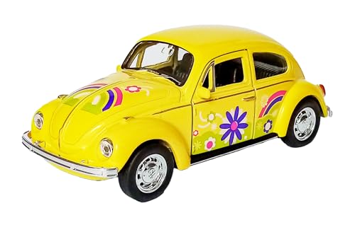 Volkswagen Beetle Käfer Flower Power Hippy VW Modellauto aus Metall mit Rückzugmotor Modell Auto Spielzeugauto 4-Varianten 73 (Gelb/Blumen) von Toi-Toys