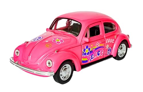 Volkswagen Beetle Käfer Flower Power Hippy VW Modellauto aus Metall mit Rückzugmotor Modell Auto Spielzeugauto 4-Varianten 73 (Pink/Love) von Toi-Toys