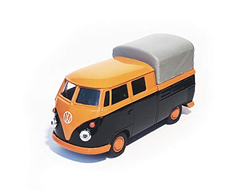 Volkswagen T1 Doppelkabine Pick UP VW Bulli Modell aus Metall mit Rückzugmotor Modellauto Spielzeugauto Spielzeug 4-Varianten Welly 53 (Orange/Schwarz) von Toi-Toys