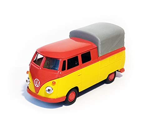 Volkswagen T1 Doppelkabine Pick UP VW Bulli Modell aus Metall mit Rückzugmotor Modellauto Spielzeugauto Spielzeug 4-Varianten Welly 53 (Rot/Gelb) von Toi-Toys