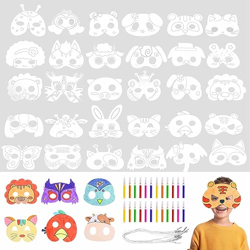 Toivize 32 Stück Tiermasken für Kinder, Blanko Masken zum Ausmalen Kreative Masken Kinder mit Elastische Schnur und Aquarellstifte für Halloween, Weihnachten, Bühnenaufführungen, Themenpartys von Toivize