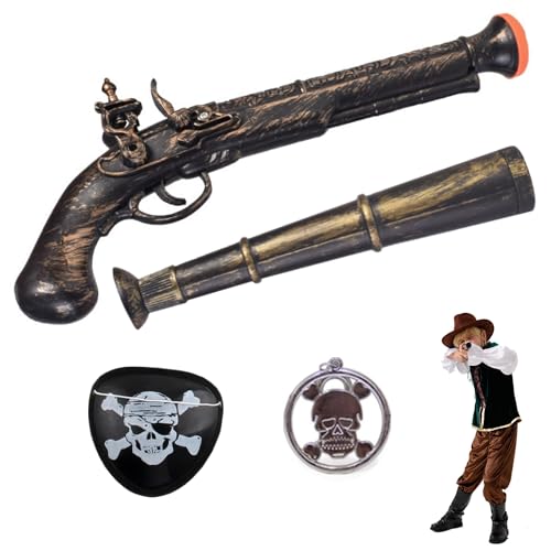 Piratenpistole, Waffe aus Kunststoff, Pirate Accessories mit 1 Augenklappe + 1 Teleskop + 1 Anhänger, Das Perfekte Accessoire für Kinder & Erwachsene zum Piratenkostüm von Tokaneit