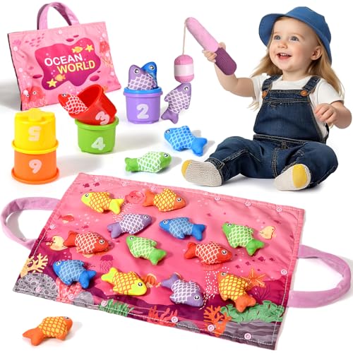 Tokiyis Montessori Baby Spielzeug ab 1 2 Jahr, Rosa Angelspiel für Kinder 6 9 12 18 Monate, Lernspiele, Motorikspielzeug Fische Angeln Spiel Lernspielzeug, Geschenk Junge Mädchen ab 1-3 Jahr von Tokiyis
