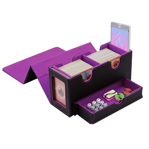 Tolesum Doppelschicht Card Deck Box für MTG,Gathering Kartenbox mit Schaufenster und Würfelfach PU Leder Starkes Magnetic Sammelkarten Box Kompatibel Magic Commander TCG Karten-Schwarz und Lila von Tolesum