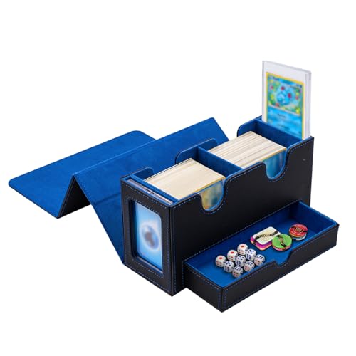 Tolesum Doppelschicht Card Deck Box für MTG,Gathering Kartenbox mit Schaufenster und Würfelfach PU Leder Starkes Magnetic Sammelkarten Box Kompatibel Magic Commander TCG Karten-Schwarz und blau von Tolesum