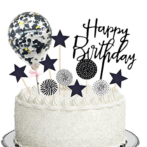 Happy Birthday Topper - Tomicy 11 Stück Happy Birthday Kuchendeko, Glitter Cake Topper Happy Birthday, Cupcake Topper mit Sternen Liebe Konfetti-Luftballons und Papierfächer von Tomicy