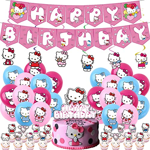 Cute Kitty Geburtstagsdeko -Tomicy 48 Stück Cute Kitty Kindergeburtstag Deko Party Supplies Happy Birthday Banner Luftballons Kuchendeckel für Mädchen Party Deko von Tomicy
