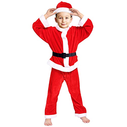Tomicy 4 teiliges Weihnachtskostüm Kinder Weihnachtsmann Outfits Cosplay Party Kostüme Set Mit Hüte, Jacken, Gürtel, Hosen (130-150cm) von Tomicy