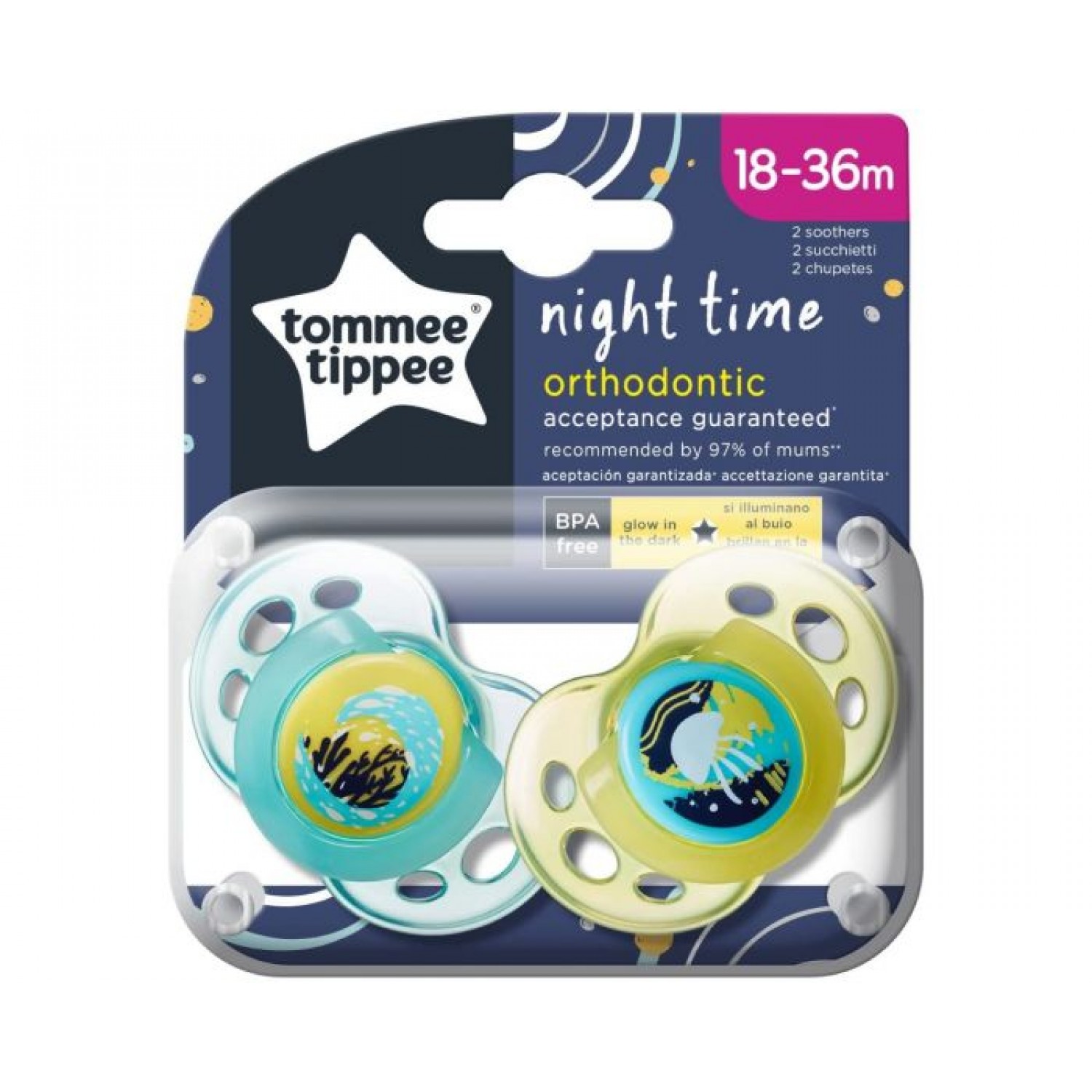 Tommee Tippee Set 02 Succhietti Night Time 18-36m in Silicone Giallo-Verde Acqua Tommee Tippee Set 02 Succhietti Night Time 18-36m in Silicone Giallo-Verde Acqua von Tommee Tippee