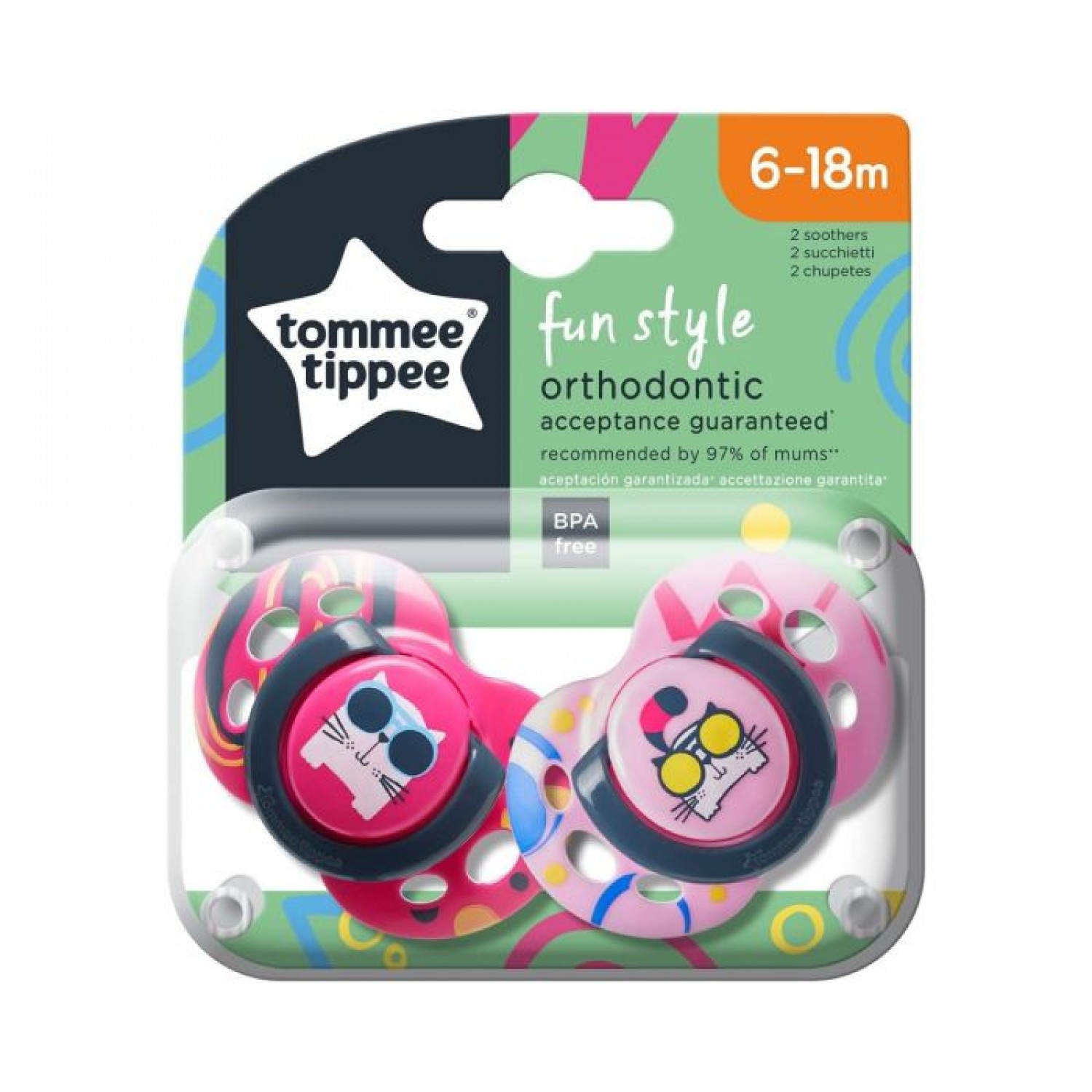 Tommee Tippee Set 02 succhietti Fun Style 6-18 mesi Ortodontico in Silicone Rosa&Fucsia Gatto Tommee Tippee Set 02 succhietti Fun Style 6-18 mesi Ortodontico in Silicone Rosa&Fucsia Gatto von Tommee Tippee
