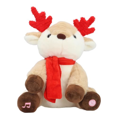 Tomotato Plüsch Ren mit Licht und Musik, Animatierte Weihnachtsdekoration mit integrierten Weihnachtsliedern, 25cm weiches kuscheliges Stofftier für Kinderzimmer, Wohnzimmer oder F von Tomotato