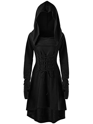 Tomwell Halloween Kostüm Damen Mittelalter Gothic Kleid mit Kapuze A-Linie Schnürkleid Renaissance Cosplay Party Übergröße Robe Hexen Umhänge Party Karneval Kleidung Schwarz 3XL von Tomwell