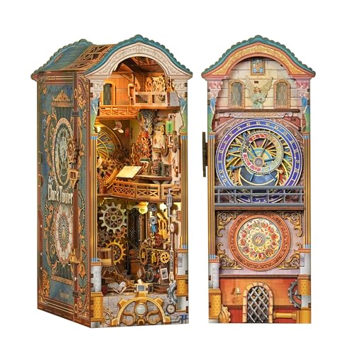 Tonecheer Book Nook Kit mit Staubschutz und LED-Licht, Uhrenturm 3D Puzzle Buchstützen aus Holz, Bewegliche und Rotierende Teile, Kreative Buchstütze für Bibliothek, DIY Set Erwachsene Geschenkideen von Tonecheer