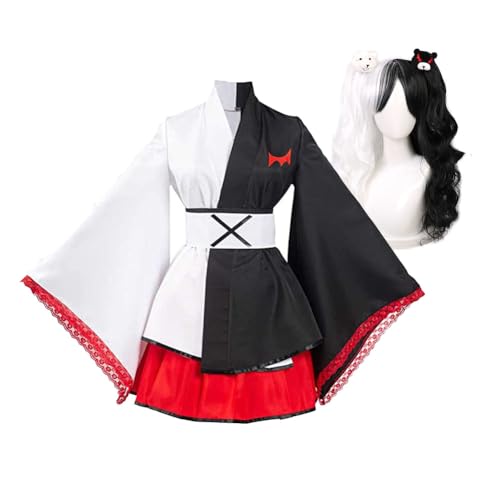 Tongyundacheng Anime Monokuma Cosplay Kostüm Frauen Kimono Kleid Schwarz Weiß Bär Full Set Outfit für Halloween Party Fancy Dress von Tongyundacheng