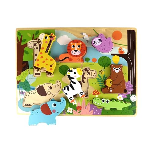 Tooky Toy 3D Kinder Holz-Puzzle Tiere, 8-teiliges Steckpuzzle, ab 12 Monaten, Farbe:braun von Tooky Toy
