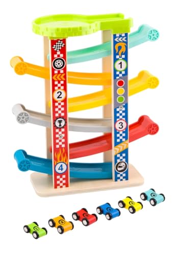 Tooky Toy Holzturm-Rennbahn TY841 Rutschturm auf 7 Ebenen, 6 Rennautos, Farbe:bunt von Tooky Toy