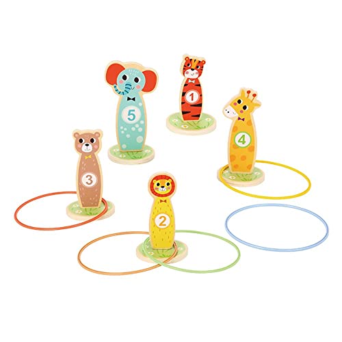 Tooky Toy Ringwurfspiel T401 aus Holz 15-teilig, 5 Bunte Tierfiguren, 5 Ringe, Farbe:bunt von Tooky Toy