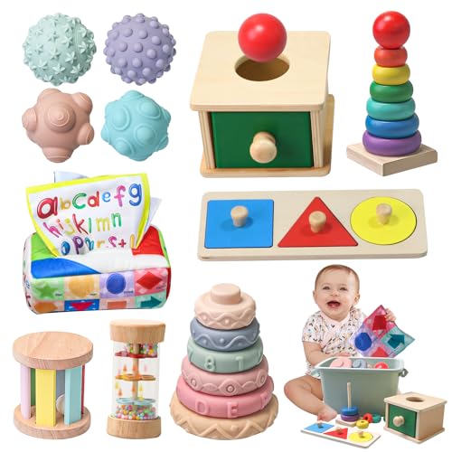 Montessori-Spielzeug für Babys im Alter von 6–12 Monaten, 1 Jahr, 8-in-1-Lernlern-Set, sensorisches Spielzeug aus Holz, für 12–18 Monate (inkl. Taschentuchbox, Regenmacher und mehr) von Tooysea