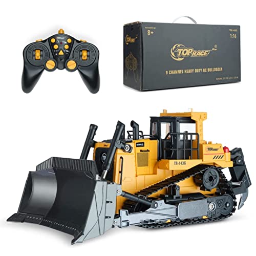 Top Race Ferngesteuertes Bulldozer Baufahrzeug Spielzeug mit Lichtern und realistischem Sound, 2,4 GHz 9-Kanal RC Traktor, 1:16 voll funktionsfähiger Frontlader für Kinder ab 8 Jahren von Top Race