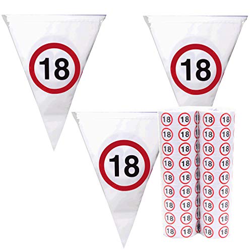 Top Ten Set Luftschlagen & 4 Meter Wimpelgirlande mit 10 Wimpel 19 x 21cm Verkehrsschild 18, Geburtstags Party von Top Ten