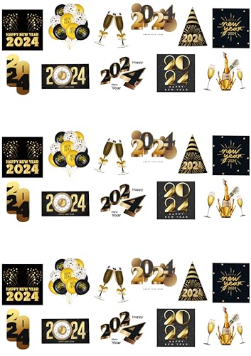 33 aufstellbare Silvesterparty 2024 schwarz & gold Themed Premium Essbare Oblaten Papier Kuchen Topper Dekorationen von Top That