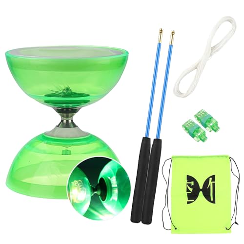 Diabolo Freiläufer mit kugellager Dreifache Lagerung Set, 4 Farben Blinkendes Dreifachlager-Diabolo mit Ersatzseil 10m, Profi-Stange, Netzbeutel von TopHomer