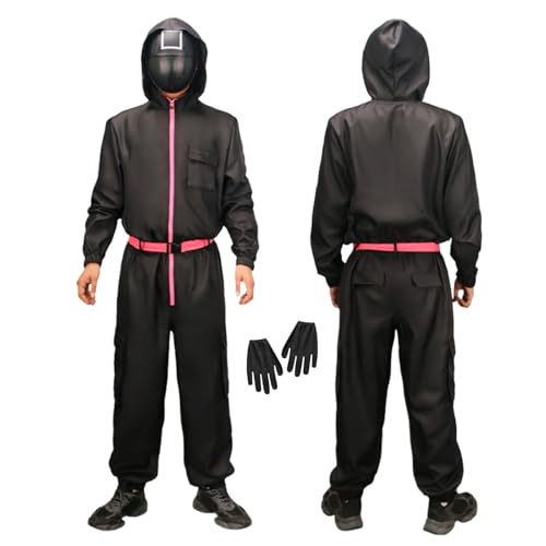 Topassion Unisex Roter Overall mit Kapuze Handschuh und Schärpe, Soldat Cosplay Jumpsuit Set Ohne Maske, 𝙎𝙦𝙪ἰ𝙙 𝑮𝙖𝙢𝐞 Kostüm Staffel 3, Faschingskostüme Costume Merch, Karneval(Black,7 Jahre) von Topassion