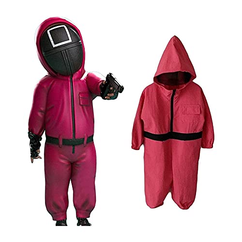Topassion Unisex Roter Overall mit Kapuze Handschuh und Schärpe, Soldat Cosplay Jumpsuit Set Ohne Maske, 𝙎𝙦𝙪ἰ𝙙 𝑮𝙖𝙢𝐞 Kostüm Staffel 3, Faschingskostüme Costume Merch, Karneval(Red,6 Jahre) von Topassion