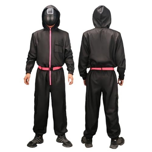 Topassion Unisex Soldat Cosplay Jumpsuit Set, 𝙎𝙦𝙪ἰ𝙙 𝑮𝙖𝙢𝐞 Kostüm Staffel 3, Costume Merch Roter Overall mit Kapuze Handschuh und Schärpe, Faschingskostüme Ohne Maske, Mottoparty(Black,M) von Topassion