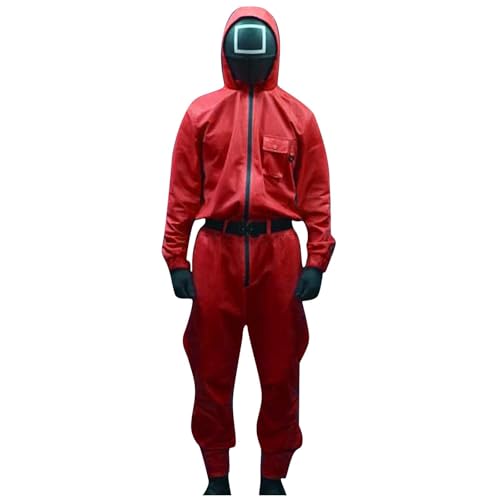 Topassion Unisex Soldat Cosplay Jumpsuit Set, 𝙎𝙦𝙪ἰ𝙙 𝑮𝙖𝙢𝐞 Kostüm Staffel 3, Costume Merch Roter Overall mit Kapuze Handschuh und Schärpe, Faschingskostüme Ohne Maske, Mottoparty(Red,M) von Topassion
