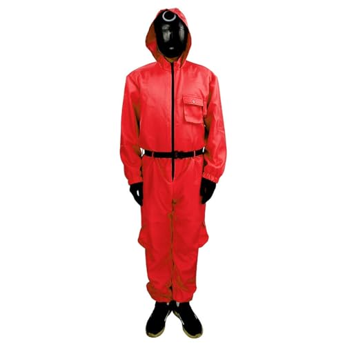 Topassion Unisex Soldat Cosplay Jumpsuit Set, 𝙎𝙦𝙪ἰ𝙙 𝑮𝙖𝙢𝐞 Kostüm Staffel 3, Costume Merch Roter Overall mit Kapuze Handschuh und Schärpe, Faschingskostüme Ohne Maske, Mottoparty(Red,XXL) von Topassion